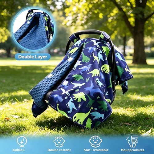 Image of TANOFAR Car Seat Cover Baby, Minky Infant Car Seat Cover for Privacy Nursing, Peekaboo Opening Infant Car Seat Cover, Must-Have Baby Gift, Blue Dinosaur