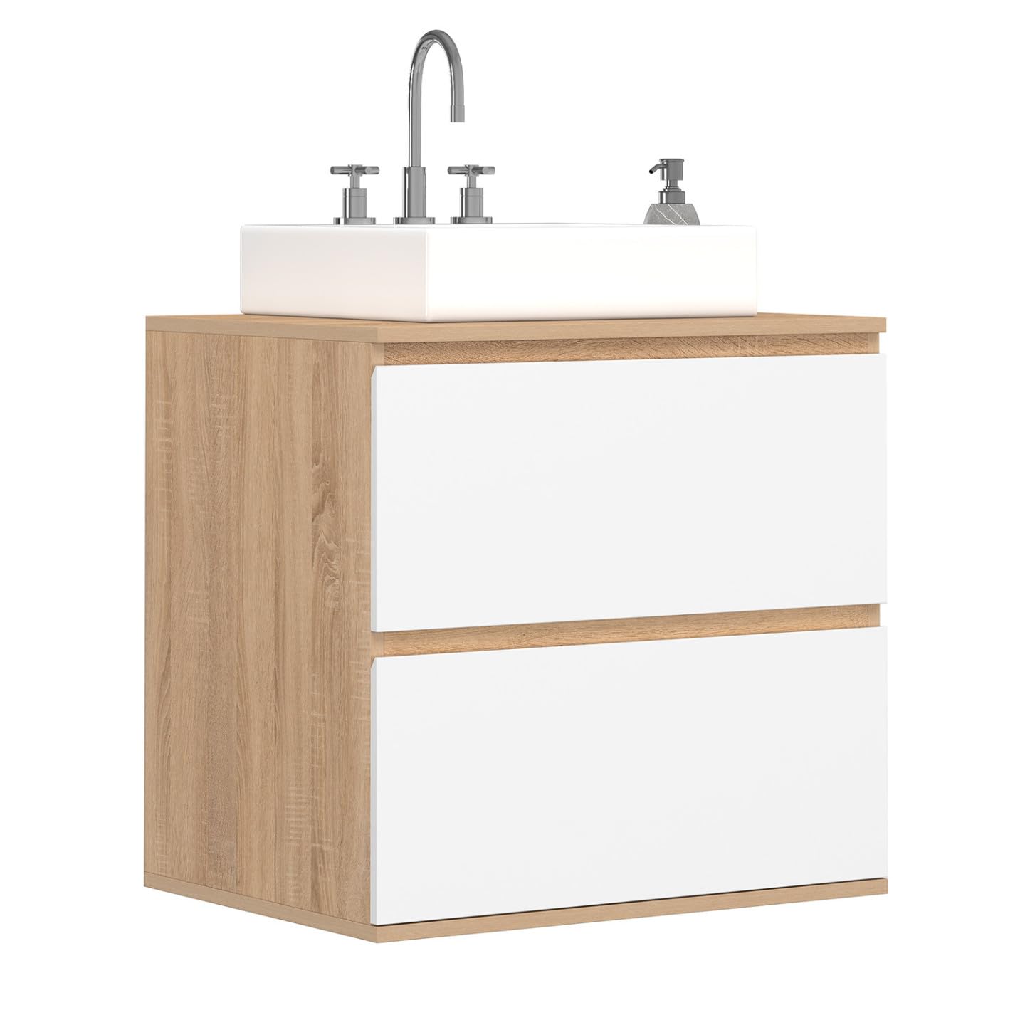 IDMarket - Meuble sous Vasque Suspendu Salle de Bain TOMI 2 tiroirs façon hêtre et Blanc