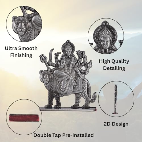 Image of BUC Sri Maa Durga, Ma Sheravali Idol for Car Dashboard - Oxidized Black & Silver Finish Fierce Goddess Kali Murti for Spiritual Travel & Safety (S944-OXI)
