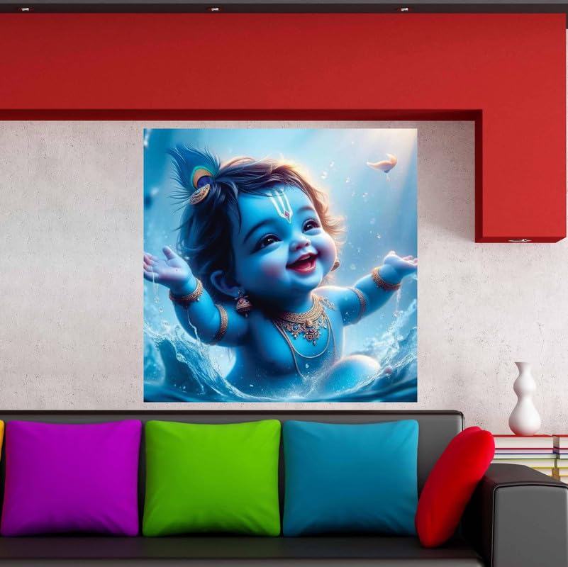 Image of British Terminal Cute little Bal Gopal Baby God Krishna| Kanha Ji | Laddu Lord Makhan Chor Painting Religious Poster for Pregnant Women for wall (matt thin vinyl,sticker,multicolor,unframed)| bj75