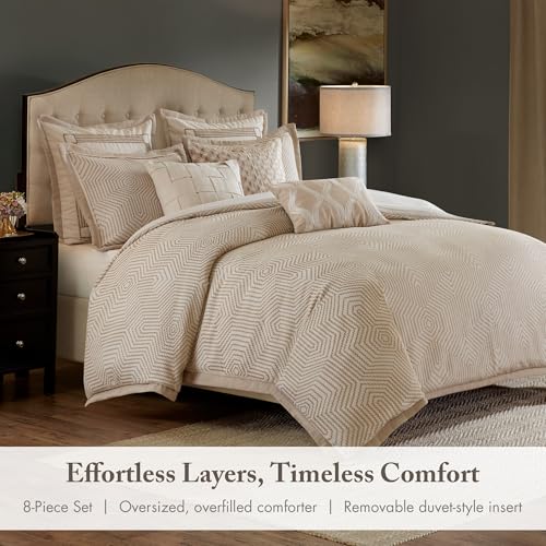 Image of Madison Park Signature King Luxury Jacquard Comforter Set, Removable Duvet Cover with Insert, Oversized Overfilled Bedding, Hand-Guided Embroidered Texture Accents, Geometric Ivory, 9-Piece