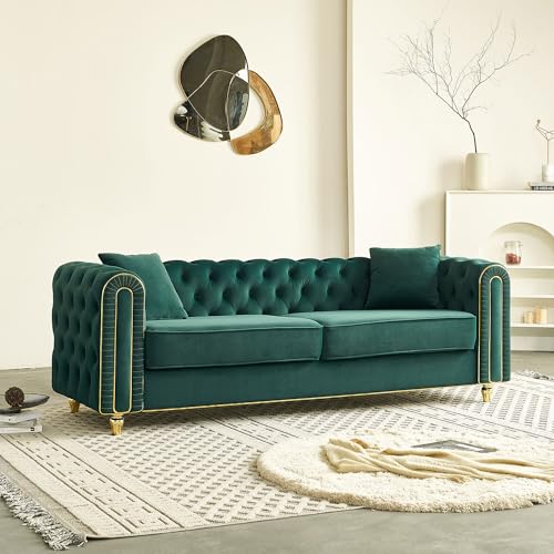 Image of KEIKI 86 inch Chesterfield Velvet Button Tufted Sofa with High Density Foam Cushions and 2 Toss Pillows, Modern Style 3-Seater Couch with Gold Strip Trim Decoration, Easy Assembly, for Living Room, Green