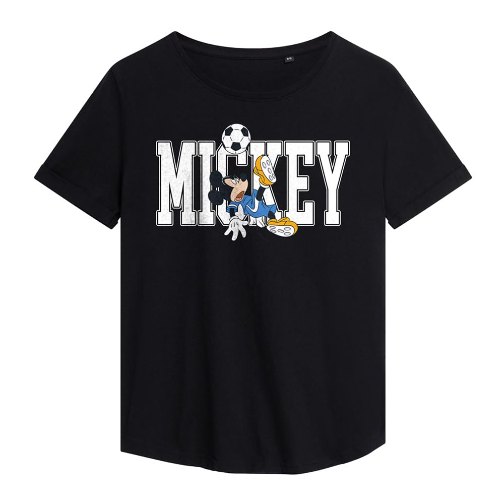 Disney Women's Black Mickey Mouse Football Kick Fashion T-Shirt, In | Size: 2XL