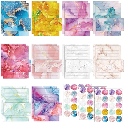 Image of TaoBary 160 Pcs Stationery Paper Set 50 Double Sided Stationery Papers with 50 Matching Envelopes and 60 Round Dot Sticker, 10 Design(Marble,8.5 x 11 Inch)