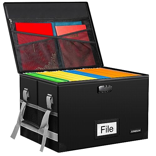 JUNDUN File Box with Lock Fireproof Document Box with Handle and Zipper Collapsible File Organiser Home Office Fire Safe Storage Filing Box for A4 Suspension File Folder
