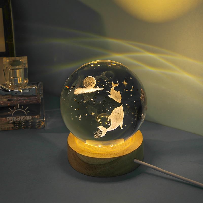 Crystal Ball LED Night Light with USB Powered Base Dolphin Jellyfish Lamp Night Light Desktop Decoration Birthday Gifts (Type C,Warm Light)
