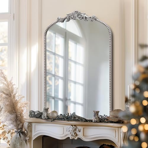 Image of Antique Silver Arch Wall Mirror, 24 inchx36 inch Traditional Vintage Mantel Mirror with Ornate Metal Frame, Baroque Victorian Mirror for Fireplace /Entryway /Bathroom /Living Room /Hallway