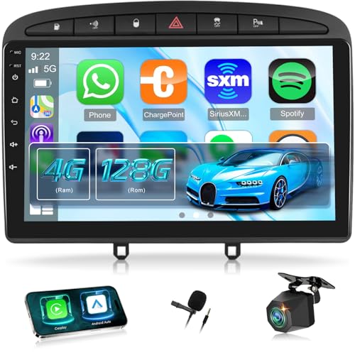 NHOPEEW Autoradio 4+128G Android pour Peugeot 308/408 2007-2013 Avec Carplay Sans Fil et Android Auto - Écran incell 9 pouces Prise en Charge WiFi GPS Commandes au Volant + Caméra de recul, Canbus