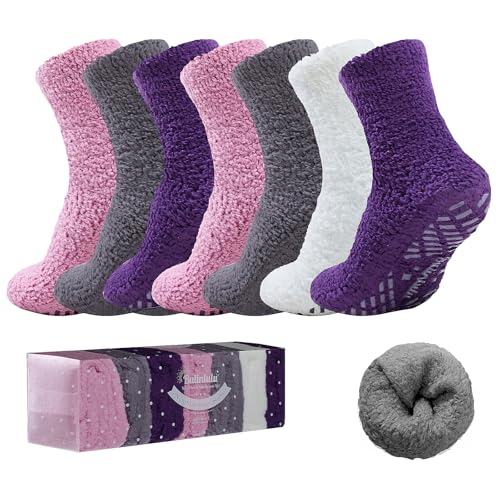 Image of Bulinlulu Fuzzy Socks with Grips Plush Sleep Cozy Winter Soft Hospital Fluffy Socks for Womens Mens Gifts
