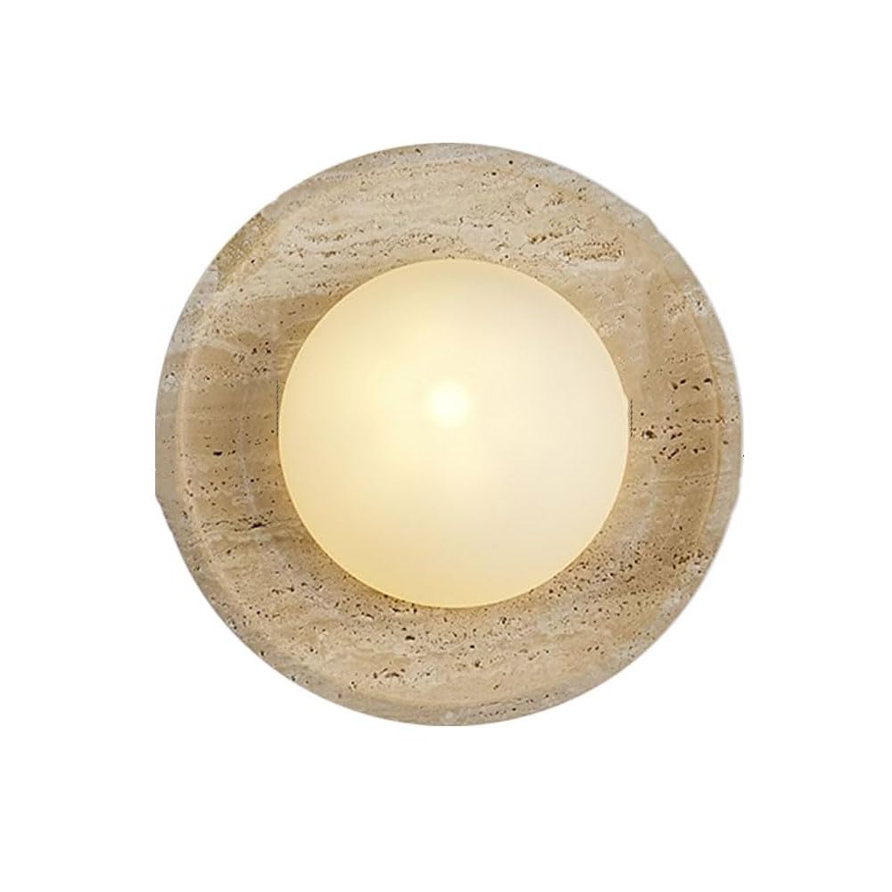 Guoguosm Multicolor Nordic Minimalist Style 9.8In Round Wall Light, Natural Yellow Travertine Wall Sconce, G9 Screw Hard Wire Connection Wall Lamp, Corridor Bedside Dining Room Decorative Light Fixtures