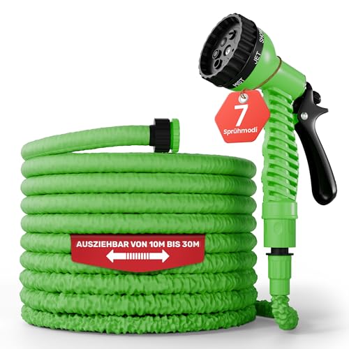 Flexibler Gartenschlauch [30m lang, grün] inkl. Brause und Adapter 1/2 Zoll & 3/4 Zoll dehnbarer Wasserschlauch