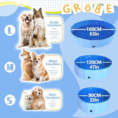 Hundepool, 160cm*30cm, Zusammenklappbarer Robuster Wasserdichter Schwimmpool für Kleine, Mittelgroße & Große- Anti-Rutsch Badewanne mit Verschleißfester Oberfläche für Katzen und Hunde im Garten
