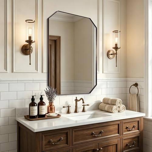 Image of ANDY STAR Bronze Octagon Bathroom Mirror, 24x36 Inch Stainless Steel Metal Frame, Anti-Rust, Shatterproof HD Glass, Wall Mounted for Bathroom, Bedroom, Living Room
