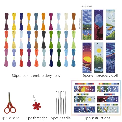 Image of FREEBLOSS 6 Set Cross Stitch Bookmark Kit Scenery Pattern with 30 Colors Embroidery Floss DIY Bookmark Kit with Instruction Embroidery Kit for Beginners 8''x2.4''