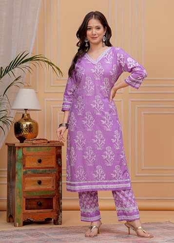 Image of MEERA FAB Women's Cotton Blend Straight Printed Kurta with Palazzo & Dupatta