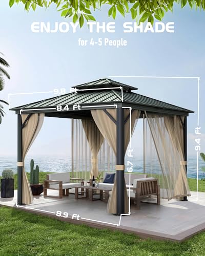 Hardtop Gazebo 10'x10' for All Weather, with Double Metal Roof, Aluminum Alloy Frame, Net, and Curtain, Permanent Building for Patio, Deck, Backyard, Lawn, and Garden, Khaki