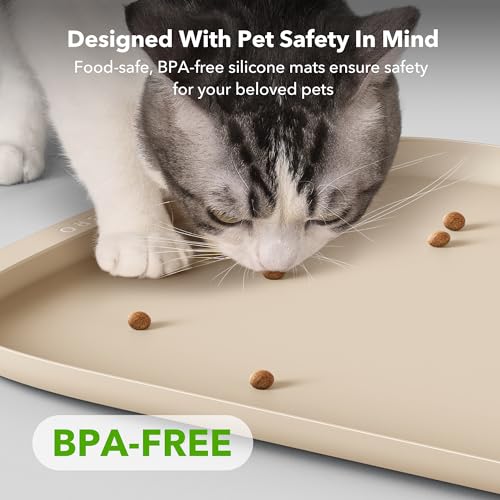 Image of PETLIBRO Cat Food Mat, Silicone Dog Food Mat for Feeder & Fountain, Waterproof Pet Bowl Mat with Raised Edge Spill Protection, Non-Slip Feeding Mat for Cats & Dogs, 22'' x 16.5'', Ivory