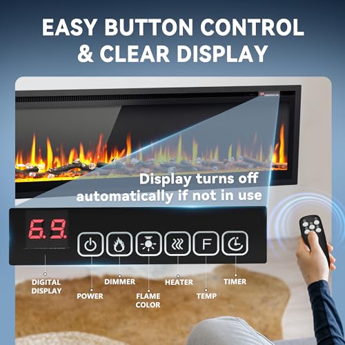 Image of EUHOMY 73 inch Electric Fireplace Recessed Wall Mounted Freestanding with Remote Control, Ultra-thin Fireplace Heater with Adjustable Flame Color, Linear Fireplace with Timer, Log & Crystal, 750 /1500W