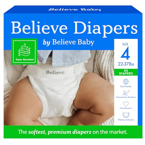 Image of Believe Diapers Size 4 (22-37 Lbs) Viscose Bamboo Diapers 35 Count – Natural Baby Diaper, Chemical Free and Fragrance Free Natural Diaper for Sensitive Skin, Super Absorbent with Leak Protection