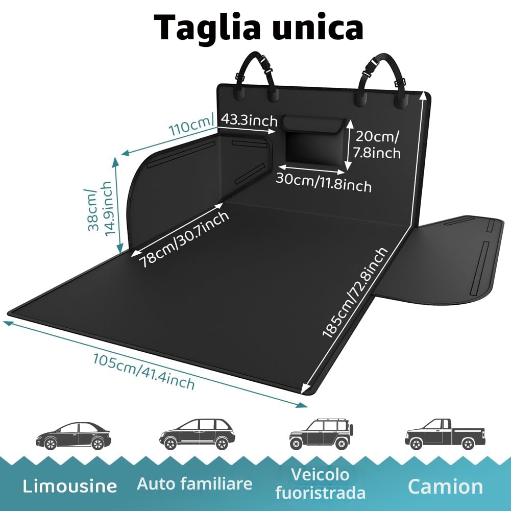 KYG Telo Auto per Cani Universale Impermeabile e Resistente Telo Bagagliaio Auto con Protezione Laterale Telo Cane Auto Bagagliaio Facile da Pulire per Auto, SUV e Camion, 185 * 105 * 38cm - Nero
