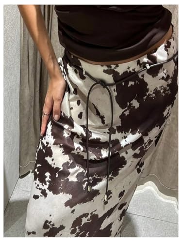 MakeMeChic Women's Satin Cow Print Maxi Skirt Silk Fishtail Belted Skirts4