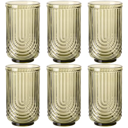 TrophyToast Green Vintage Drinking Glasses Set of 6-17oz Hand-Blown Highball Ribbed Glassware, Arch Design Cocktail Glasses for Whiskey Water Beverages Ice Coffee Juice Milk