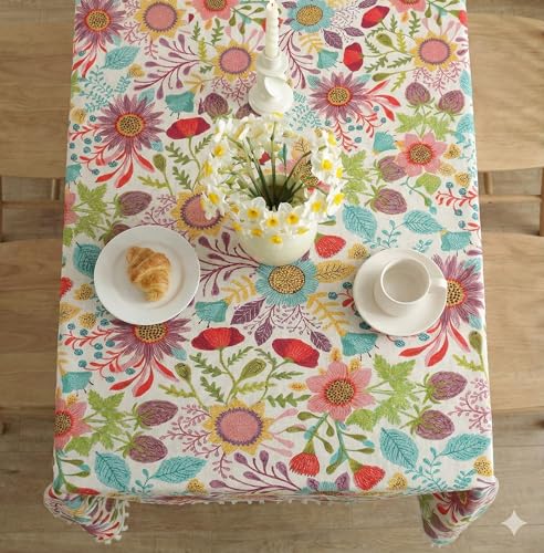 Image of ishro home Premium Dining Table Cover 6 Seater | Table Cover Cloth | Table Cloth 6 Seater - Soft European Fabric, Frill Design, Machine Washable | (Sun Garden, 56x90 Inch (6-8 Seater))