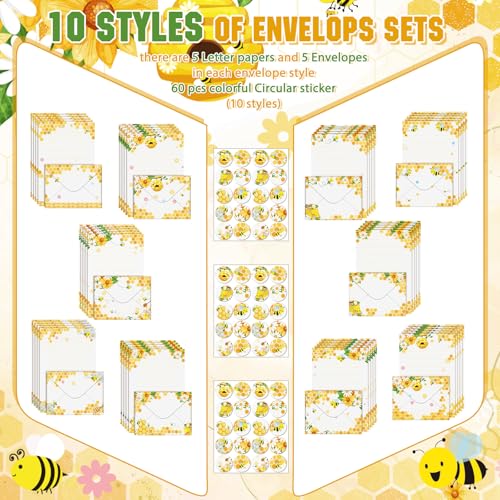 Image of TaoBary 160 Pcs Stationery Paper Set 50 Double Sided Stationery Papers with 50 Matching Envelopes and 60 Round Dot Sticker, 10 Design(Bee,8.25 x5.5 Inch)