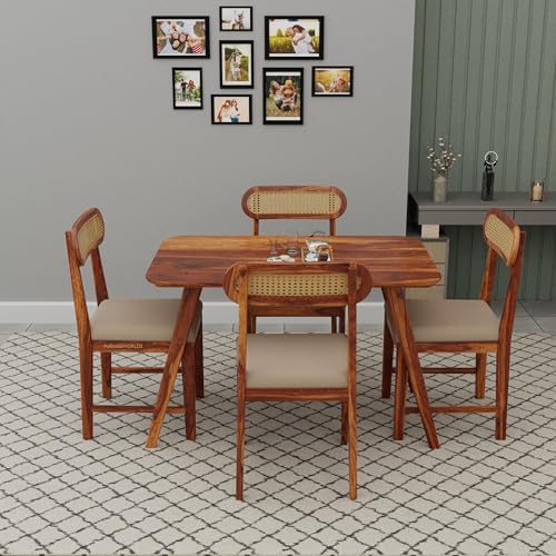 Image of Solid Sheesham Wood 4 Seater Dining Table Set for Home and Kitchen, Cane Furniture, Dining Set