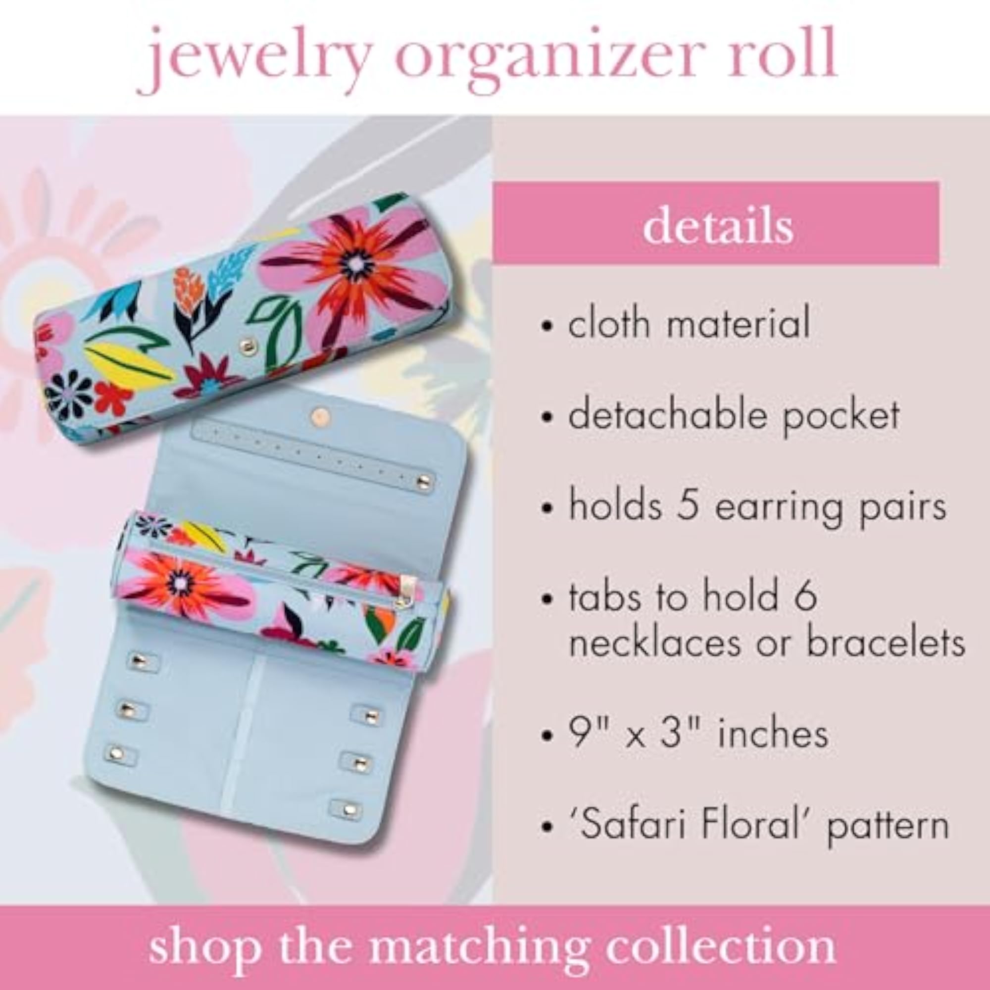 Travel Jewelry Roll with Safari Floral Design