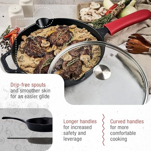 Image of Victoria 12-Inch Cast Iron Skillet Set with Tempered Glass Lid, Large Handle Cover, and Pan Scraper