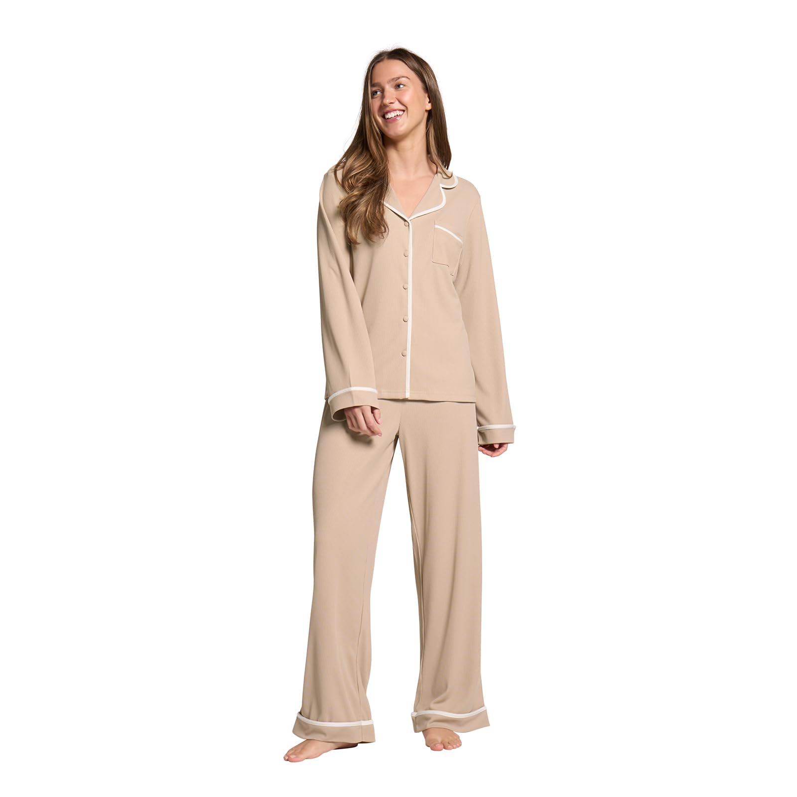 OHS Women's Pajama Set - Waffle Knit - Natural - L/XL