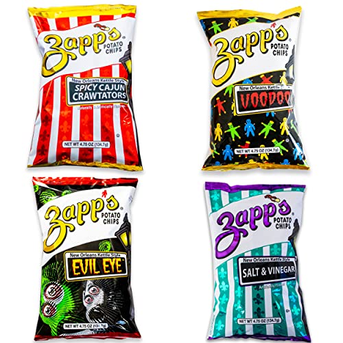 Zapps Potato Chips Variety Pack - New Orleans Kettle Chips - Spicy Cajun Crawtator - Voodoo - Evil Eye - Salt and Vinegar - 4, 4.75oz Bags Total
