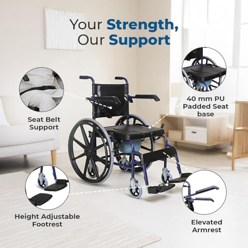 Image of Hero Ecomed Winn 304 C | Manual Wheelchair with Propelling Ring | Powder Coated MS Frame | High Back wheelchair | Commode Provision | For Patients & Elderly | 120 kg Capacity