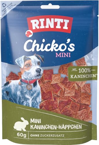 RINTI - Chicko Mini Kaninchen-Häppchen | Kalorienarme Hundesnacks aus 100% frischem Kaninchenfleisch für ausgewachsene Hunde. Zuckerfreie Hundeleckerlies ohne Zusätze im Frischebeutel | 12x60g