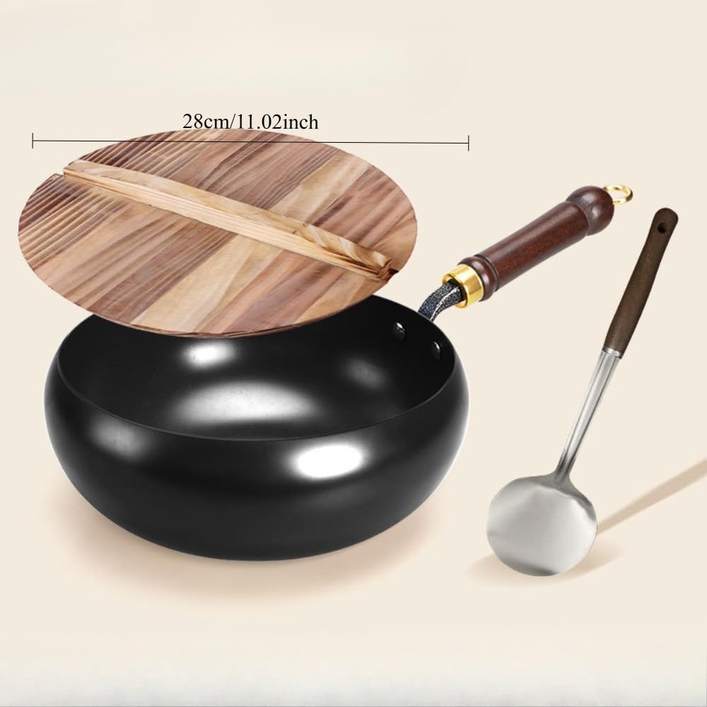 Tradycyjny czarny żeliwny wok z drewnianym uchwytem, garnek do brzucha o głębokości 28 cm, błyszczące wykończenie, zawiera drewnianą pokrywkę, metalową szpatułkę