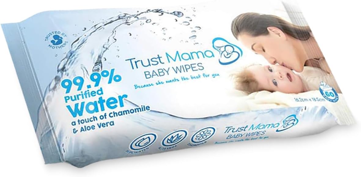 Trust Mama Baby Wipes 99.9% Water Chemical Free For Sensitive Skin (E:) Pack of 1 (60 Wipes))