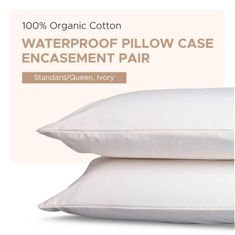 Sleep & Beyond 100% Organic Cotton Waterproof Pillow Case Encasement Comfortable and Breathable Protection Against Stains Leaks – Ivory Standard/Queen