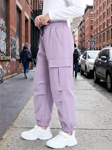 Image of JiAmy Girls Cargo Pants Elastic High Waist Drawstring Pants Jogger Trousers Casual Loose with Pockets 6-14Y