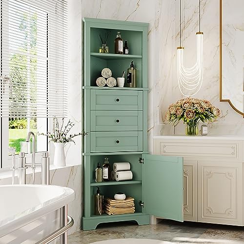 Merax Corner Storage Cabinet with Drawers and Door, Tall Bathroom Organizer for Bedroom, Living Room or Kitchen, Adjustable Shelves, Green Merax Corner Storage Cabinet with Drawers and Door, Tall Bathroom Organizer for Bedroom, Living Room or Kitchen, Adjustable Shelves, Green