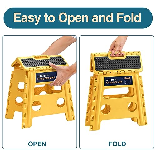 Image of Flottian 13 inch Folding Step Stool for Adults and Kids Holds Up to 300 lbs,Non-Slip Folding Stools with Handle, Compact Plastic Foldable Step Stool for Bathroom,Bedroom, Kitchen,Bright Yellow,1PC