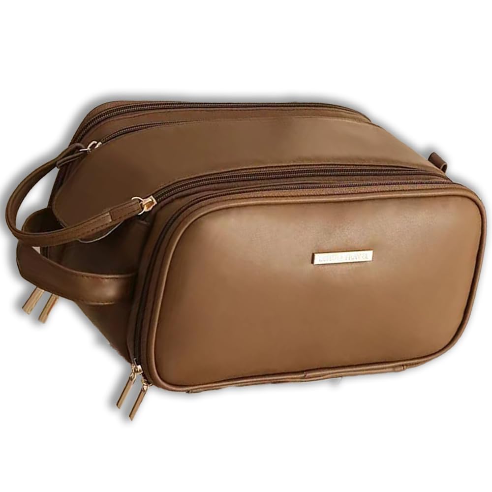 NovEnyMaillard Style Cosmetic Bag - Ultra Capacity, U-shaped Design, Stylish and Portable for Commuting and Trips, Brown