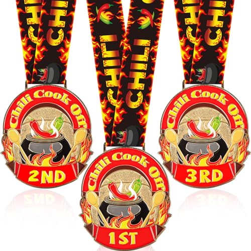 Tkifoda 3 Pcs Chili Cook Off Medals Trophies Prizes Chili Cook Off Awards for 1st 2nd 3rd Place Medals Winner Medals with Neck Ribbon Chili Cook Off Decorations Supplies