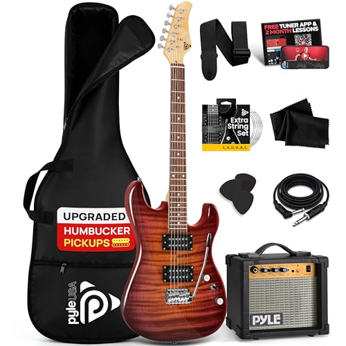 Pyle Electric Guitar Kit with Amp, Full Size Instrument with Humbucker Pickups, Guitarra Electrica Amplifier and Beginner Bundle