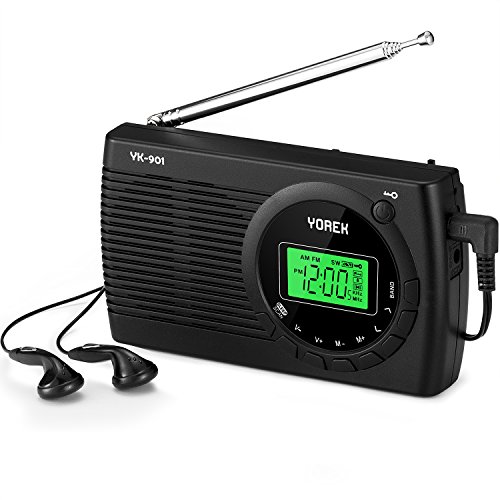 Yorek AM/FM/SW Radio, Portable Digital Radio with Sleep Timer and Alarm Clock Function, Battery Operated Stereo Radio, Earphone Included