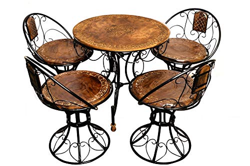 Image of Wood & Wrought Iron Patio Furniture Set Garden & Outdoor /Indoor Furniture (Style 3 - Set of 5)