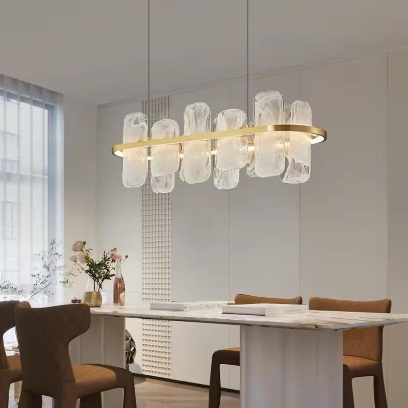 Image of Crystal Ripple Glow Linear Chandelier|3-Color Light Options Luxury-Metal Glass LED Pendant Light for Dining Room, Living Room, Kitchen Island