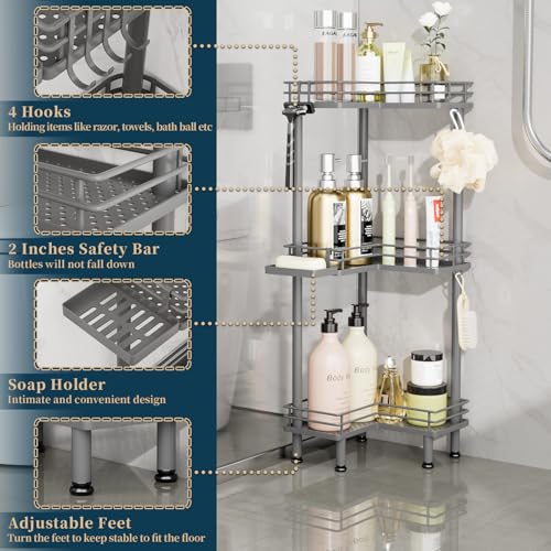 Image of Consumest Corner Shower Caddy Standing - 3-Tier Stainless Steel Shower Organizer with Soap Holder and 4 Hooks, Large Capacity Corner Shelf Stand for Bathroom, Rest Room, Grey