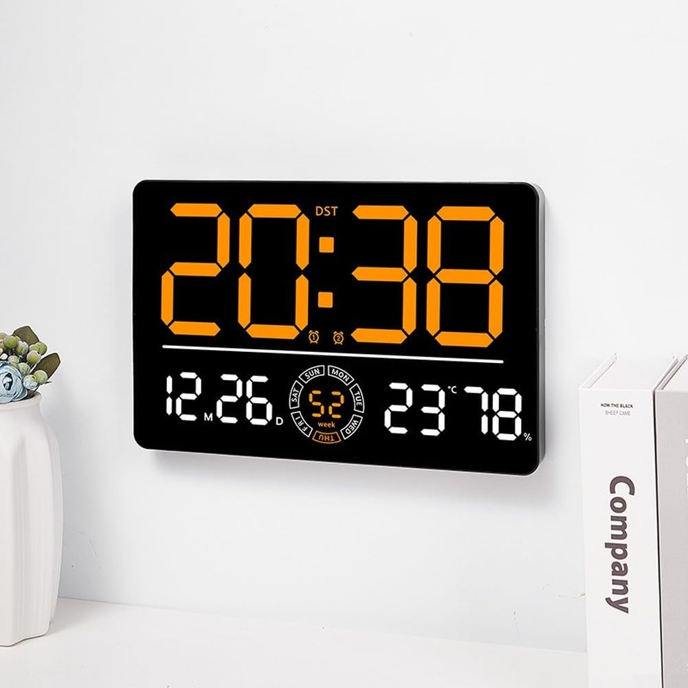 Moderno reloj de pared digital LED con ajuste automático inalámbrico, visualización de temperatura y calendario perpetuo, alarma de brillo ajustable para decoración de sala de estar y