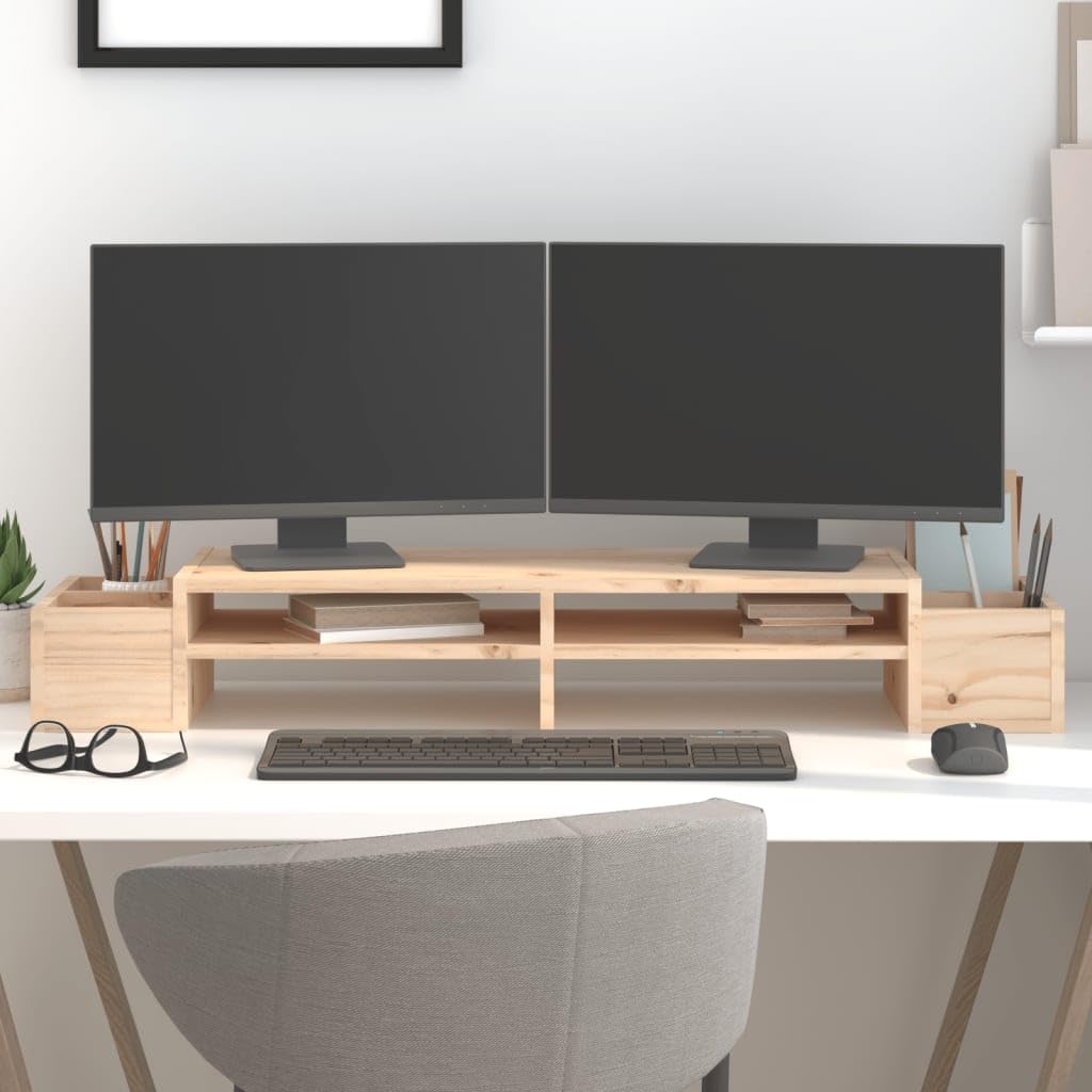 Supporto per monitor in legno di pino massiccio, 100 x 27,5 x 15 cm, scrivania con 4 ripiani, per posto di lavoro, ufficio, casa, organizzazione ergonomica e spazio di archiviazione